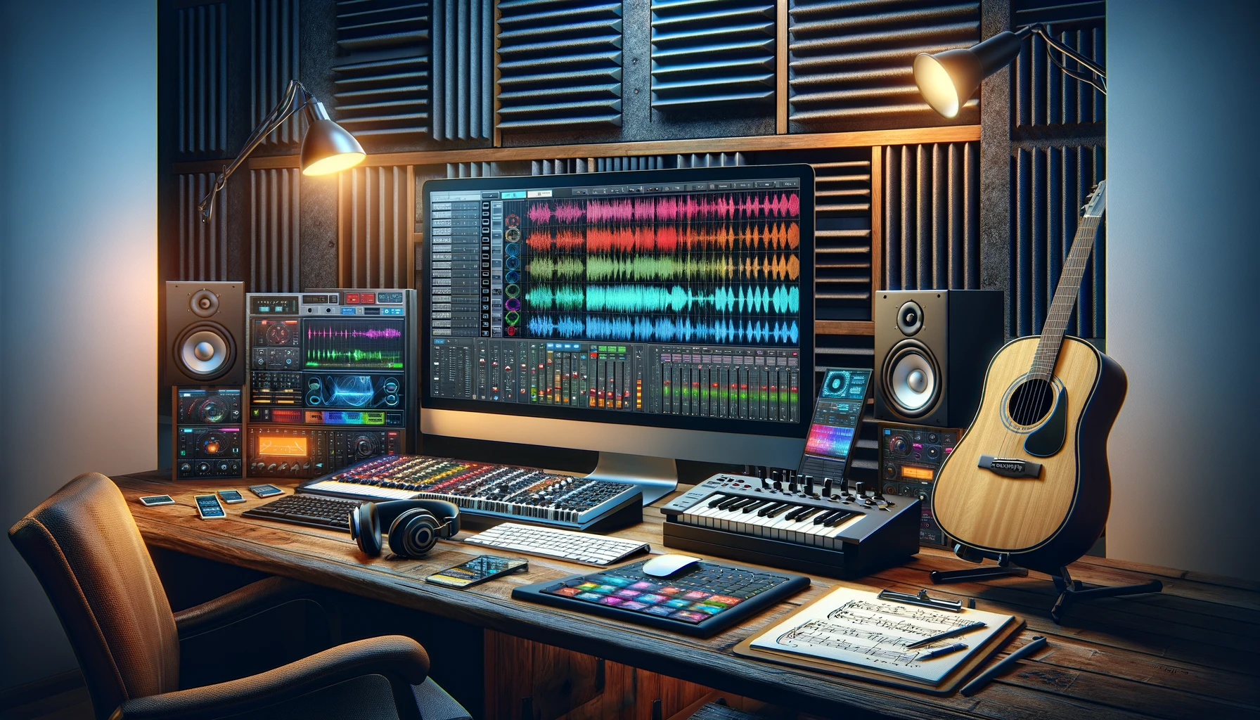 A detailed image of a music production studio, emphasizing the analysis aspect of music production.